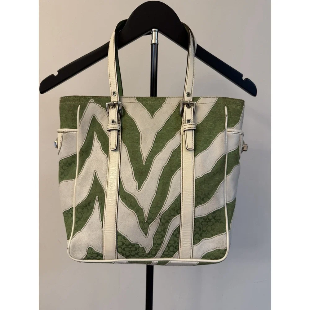 Coach Green And White Zebra Stripe Tote